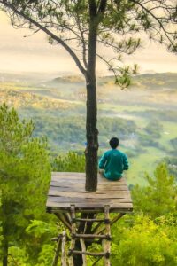 A person enjoying a tranquil moment on a wooden platform amidst lush, misty forests in Indonesia.